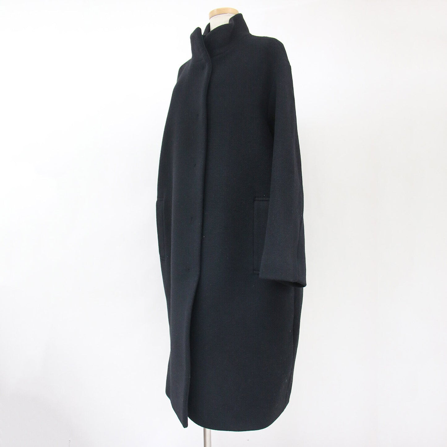 23 Ward Nijusanku Coat Long Black Size 44 XL Stand Collar Double Cross Cocoon Wo