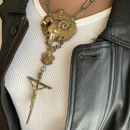 1 Item Jean Paul Gaultier Buffalo Skull Crucifixion Necklace Gd