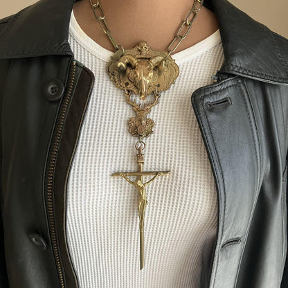 1 Item Jean Paul Gaultier Buffalo Skull Crucifixion Necklace Gd