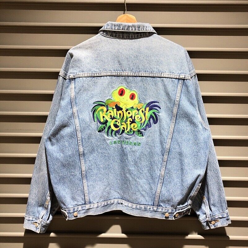 Rainforest Cafe Las Vegas Denim Jacket Jean Long Sleeve Size Men's L Indigo Blue