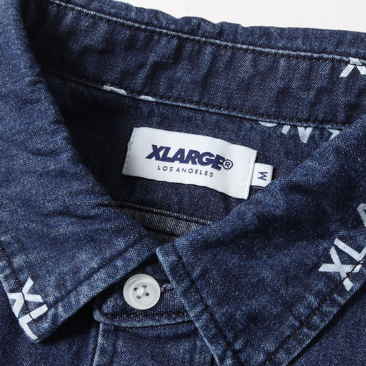 X-Large Extra Large Shirt Size M Washed Brand Logo Pattern Denim Indigo Blue Top