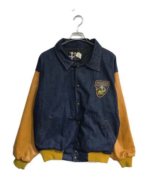 "Stinger Oversized Denim & Leather Stadium Jacket - Made in Japan, Blue"