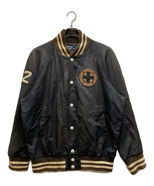 "Retro Varsity Satin Jacket with Patch - Black/Brown/Cream - Japan"