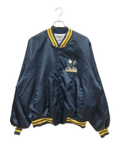 "90s Navy Blue & Yellow Satin Bomber Jacket - Trendy Japan Athletic Wear"