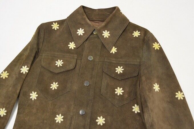 2-Tacs Flower Embroidery Suede Jacket Brown M Leather 2Tacs Blouson Remake