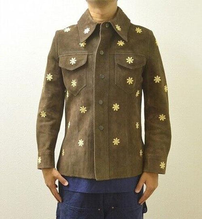 2-Tacs Flower Embroidery Suede Jacket Brown M Leather 2Tacs Blouson Remake