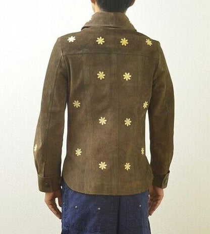 2-Tacs Flower Embroidery Suede Jacket Brown M Leather 2Tacs Blouson Remake