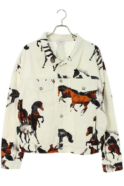 Rhude Size M Horse Print Denim Jacket White Brown 502142 Bs99 Men's Bb428 Rinkan