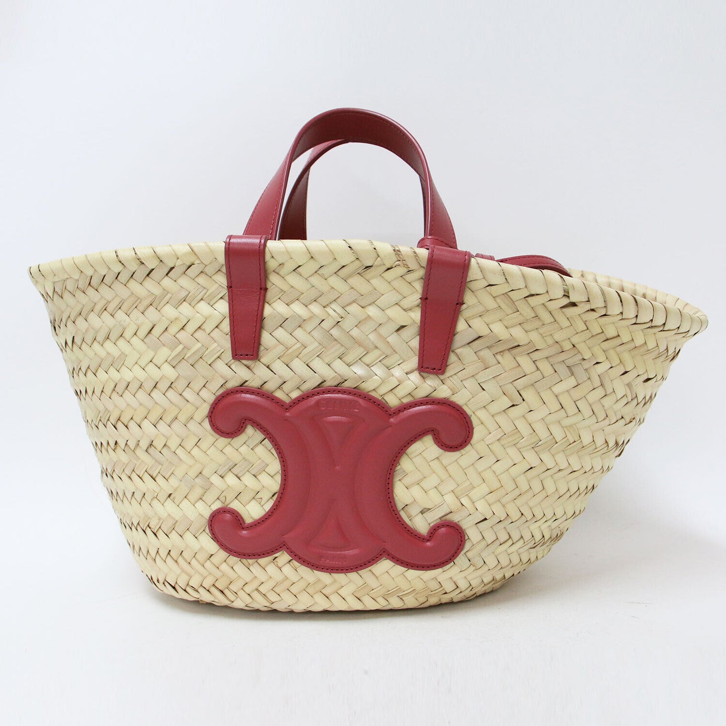 Celine Teen Bag Basket 2Way Beige Red Triomphe Classic Pannier Tote Hand Raffia