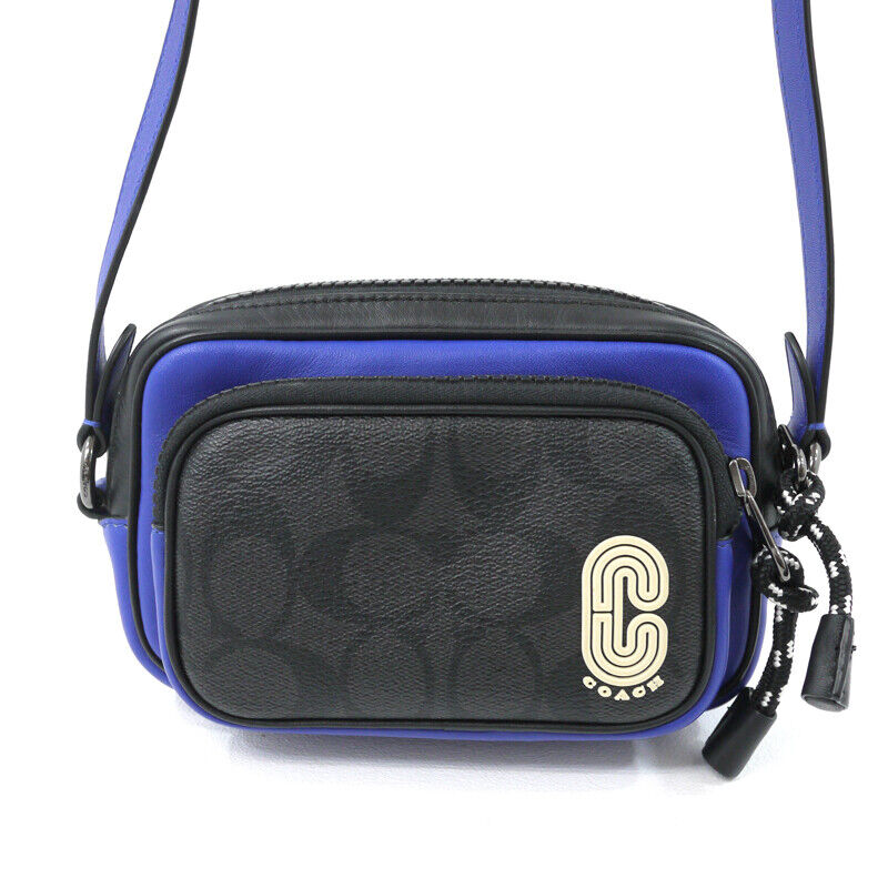 Coach Signature Leather Shoulder Bag Black Blue F122