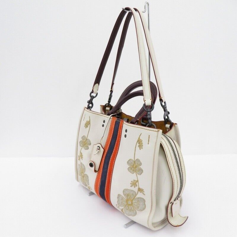 Coach 2Way Handbag Shoulder Bag Flower Embroidery 20315 White F122