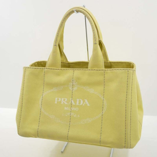 Prada Canapa M Canvas Tote Bag Yellow Logo Closure Open