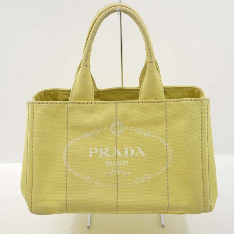 Prada Canapa M Canvas Tote Bag Yellow Logo Closure Open