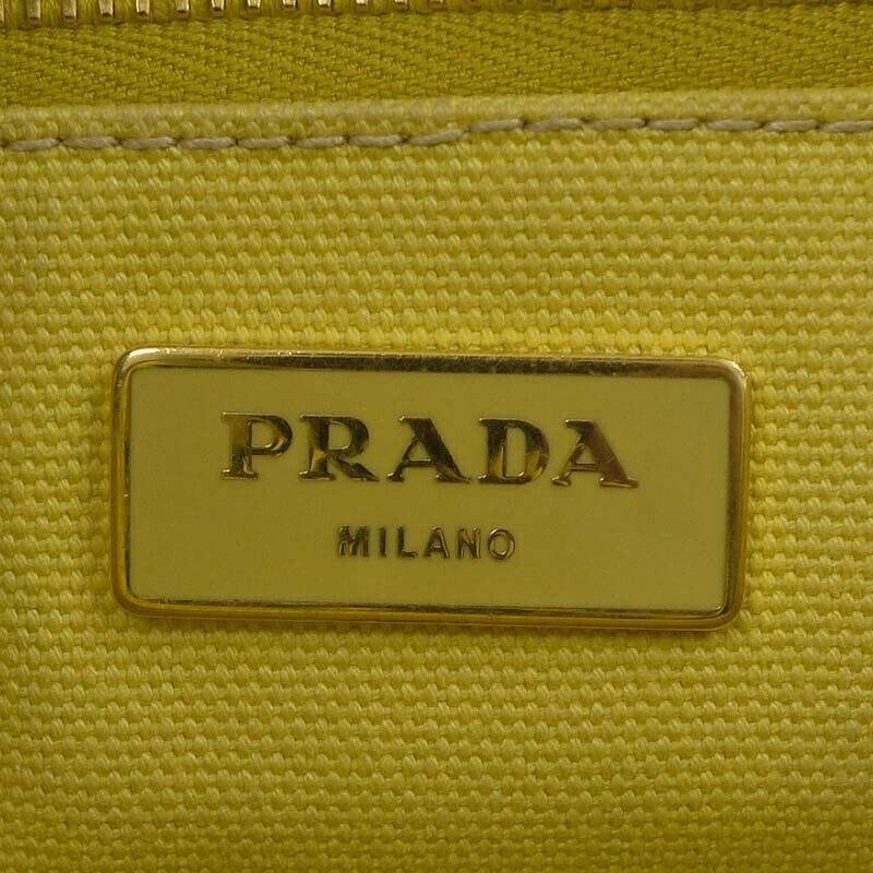 Prada Canapa M Canvas Tote Bag Yellow Logo Closure Open