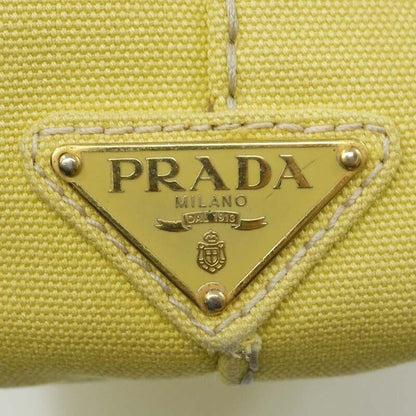 Prada Canapa M Canvas Tote Bag Yellow Logo Closure Open