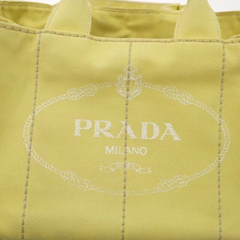 Prada Canapa M Canvas Tote Bag Yellow Logo Closure Open