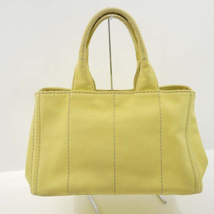 Prada Canapa M Canvas Tote Bag Yellow Logo Closure Open