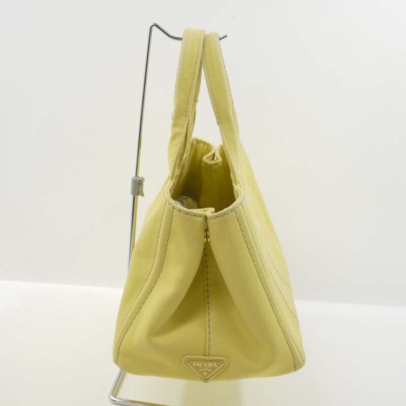 Prada Canapa M Canvas Tote Bag Yellow Logo Closure Open