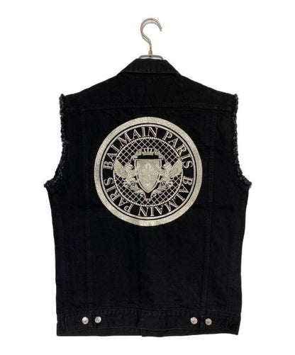 Balmain Back Embroidered Denim Jacket Vest Black RH08222Z127 Men XL Excellent