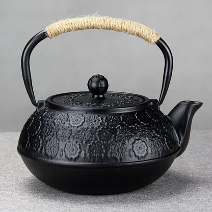 Iron Tea Pot Traditional Design Nambu Ironware IH Compatible Floral Black 1L