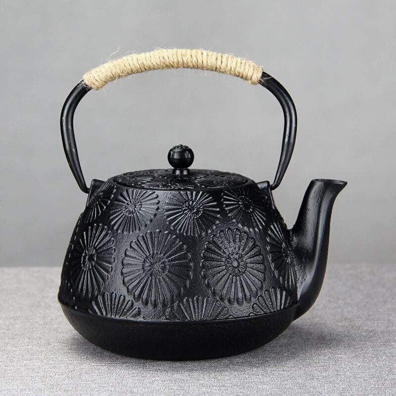 Iron Tea Pot Traditional Design Nambu Ironware IH Compatible Black Flower