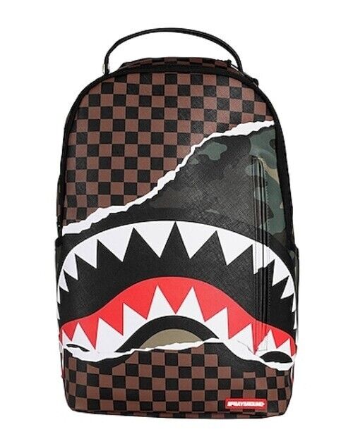 Sprayground Tear It Up Camo Backpack PVC Brown Plaid Camouflage Zipper Closure