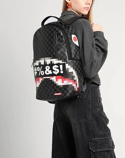 Sprayground Censored Backpack PVC Plaid Pattern Black Logo Zipper Closure