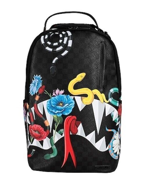 Sprayground SNAKES ON A BAG Backpack PVC Black Flower Plaid Zipper Closure