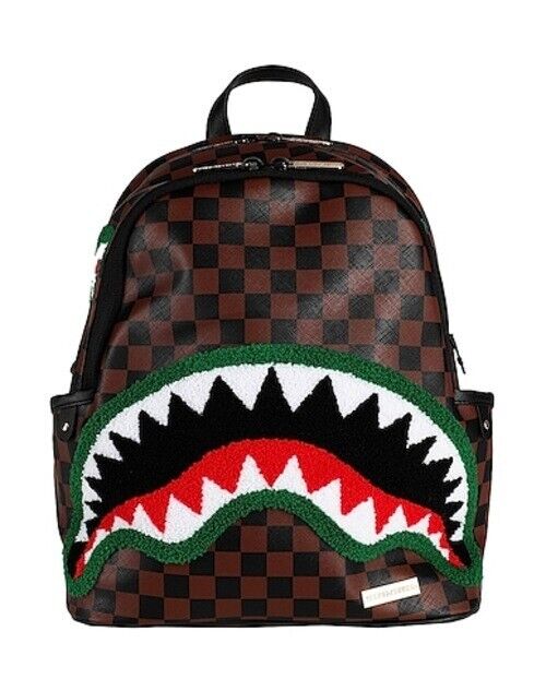 Sprayground Chenille Sip Savage Backpack Brown PVC Plaid Pattern Zipper Closure