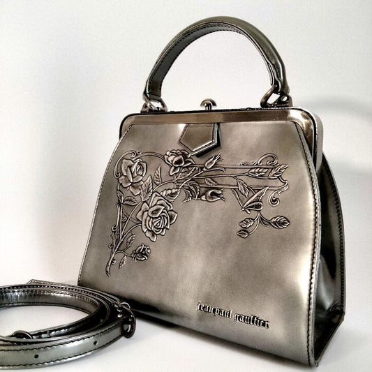 Jean Paul Gaultier Rose Handbag 2way Clasp Silver Leather Excellent Condition